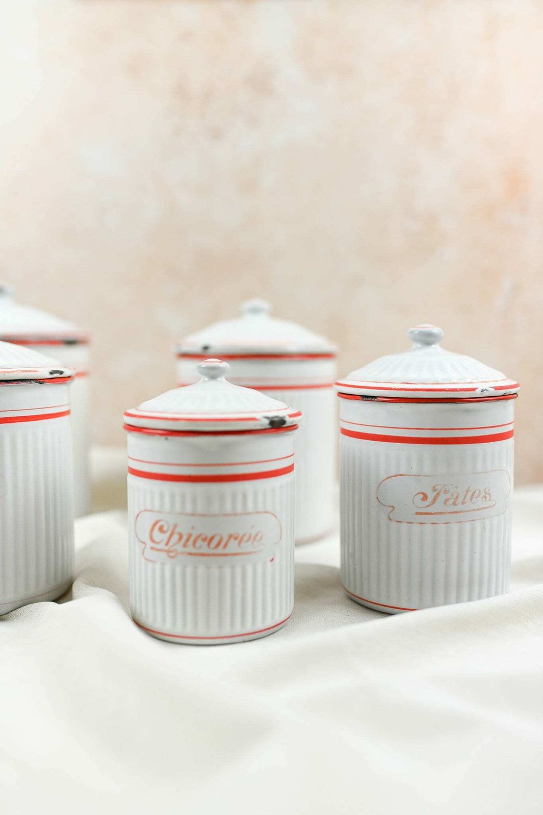 photo for sale Vintage French Enamel Canisters, Set Of 5, Enamel Pots, Made By Bb In Eastern Europe, Ca 1920s