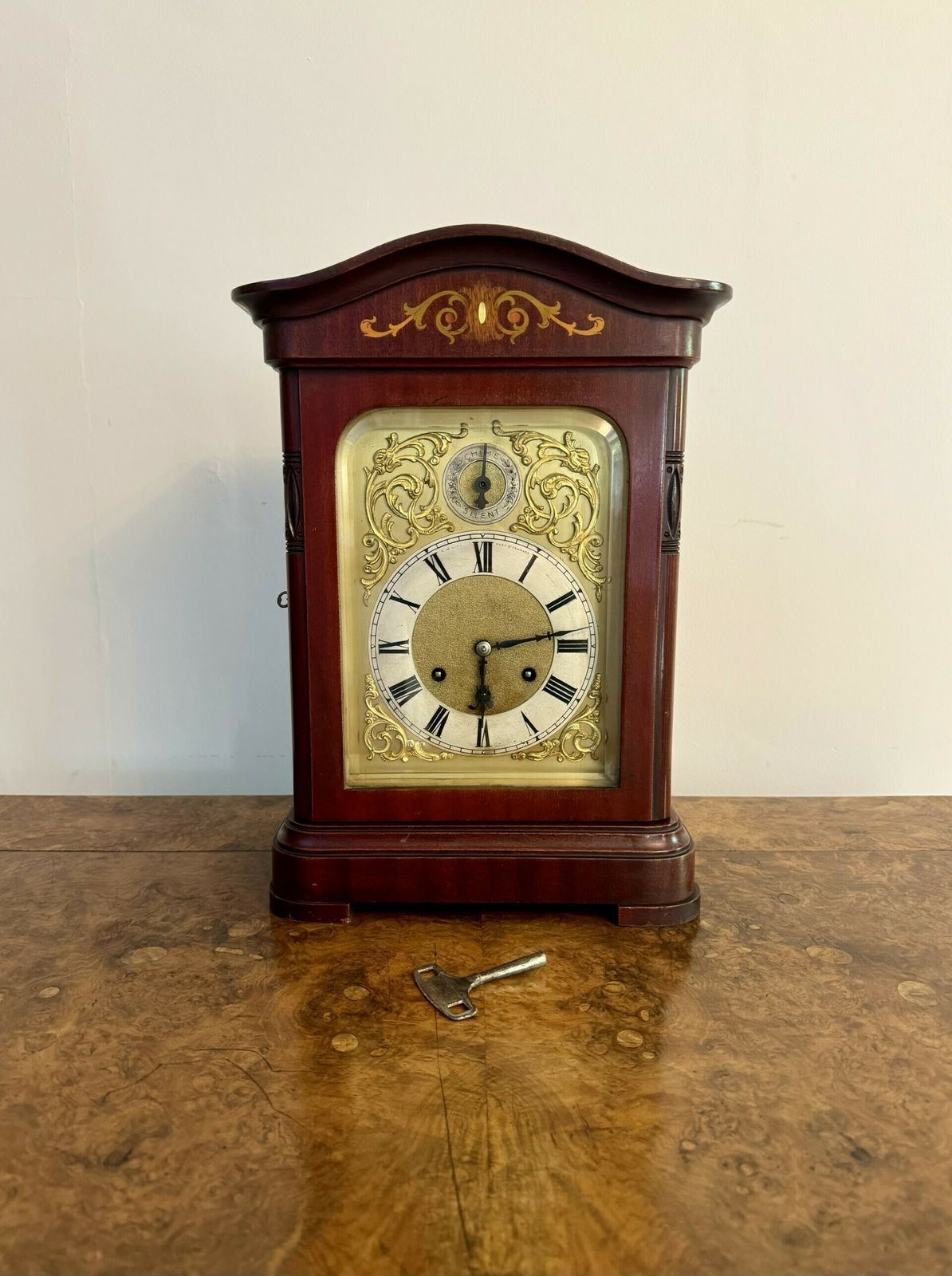 Edwardian Quality Mahogany Inlaid Chiming 8 Day Mantle Clock