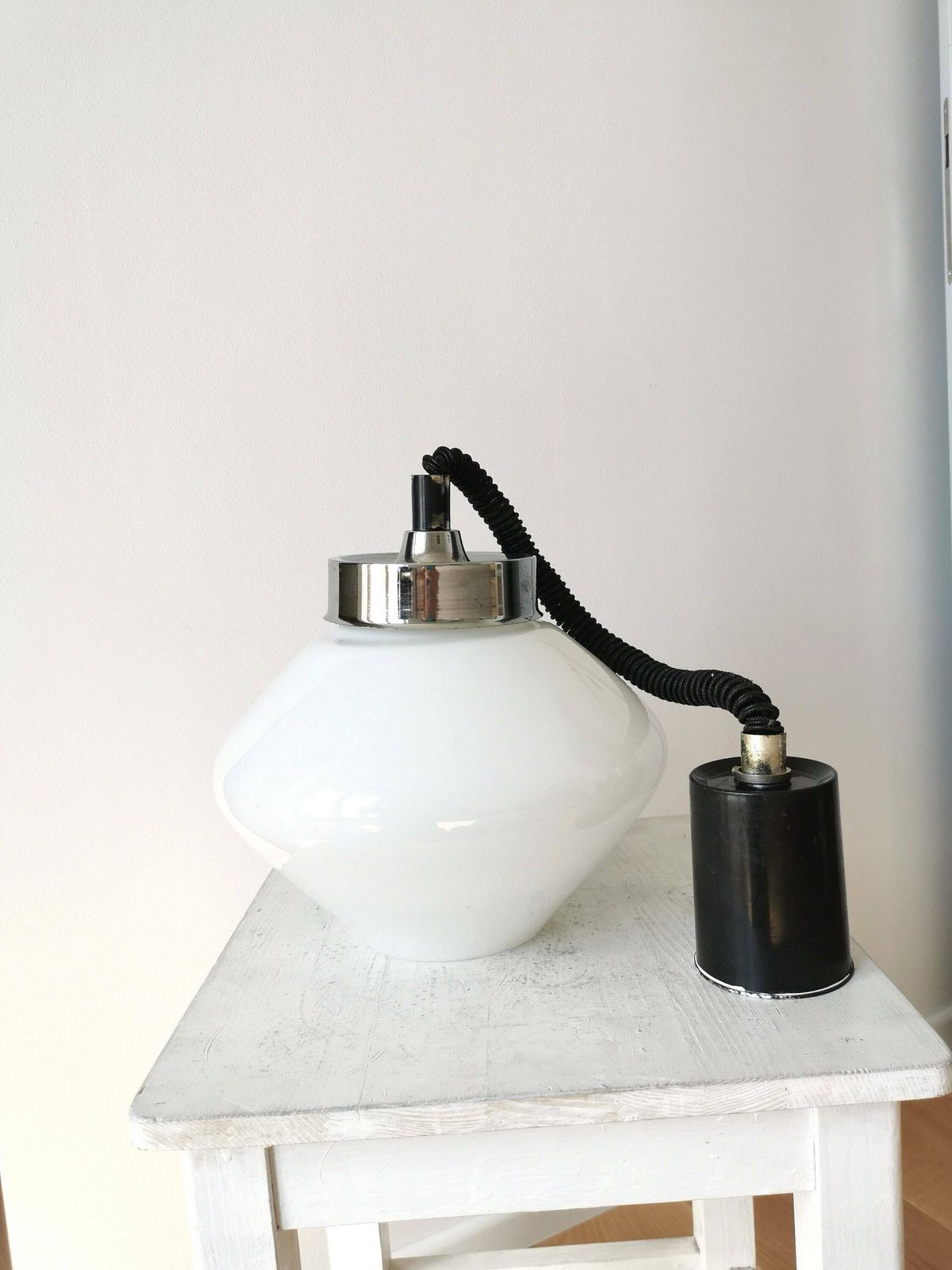Vintage Pendant Glass Light / White Glass Retro Ceiling Lamp / Mid Century 1970s Yugoslavia