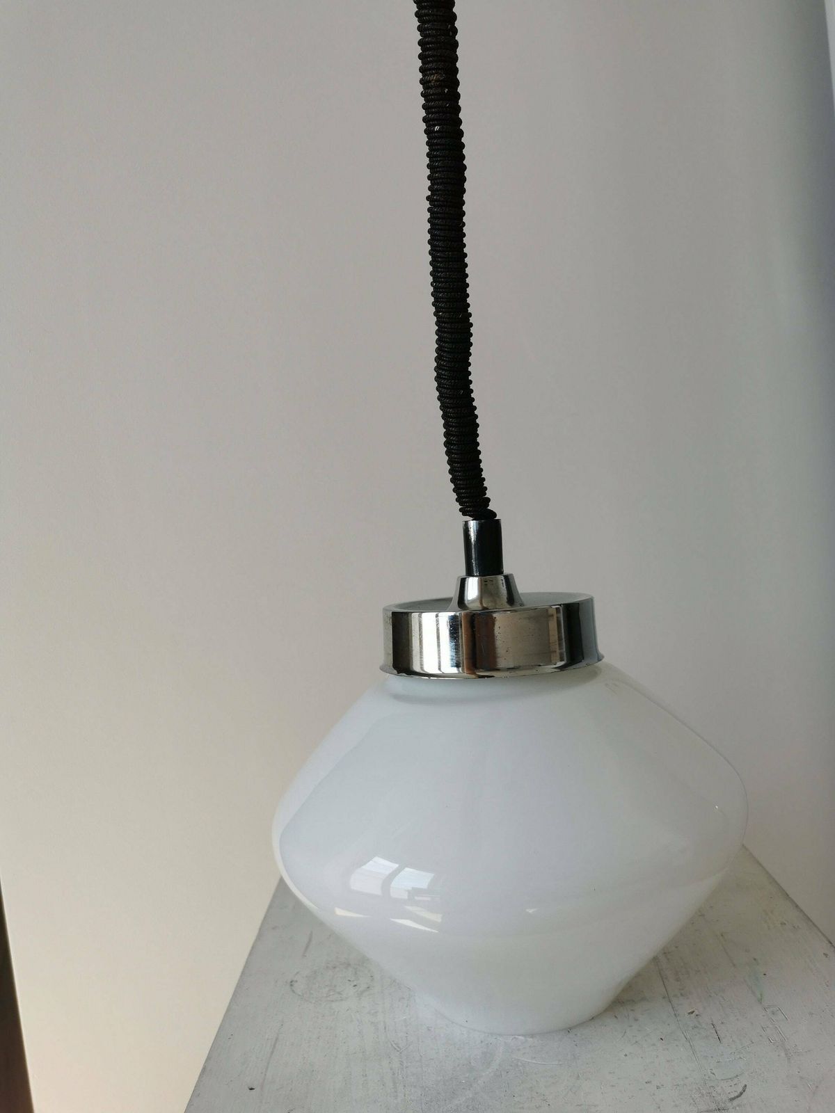 Vintage Pendant Glass Light / White Glass Retro Ceiling Lamp / Mid Century 1970s Yugoslavia photo for sale