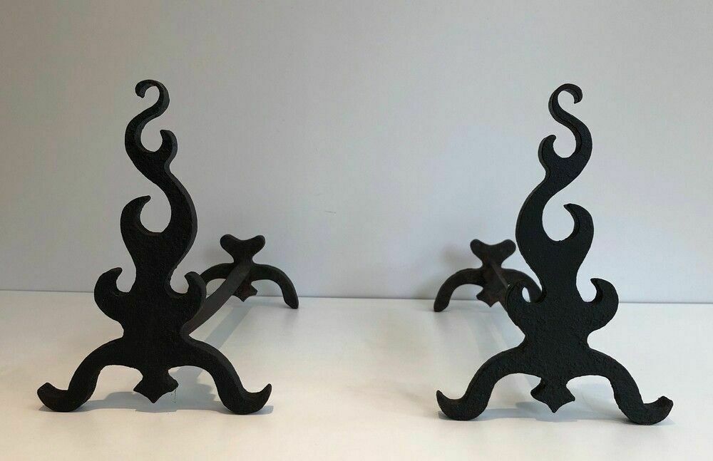 Pair Of Cast Iron And Wrought Iron Andirons