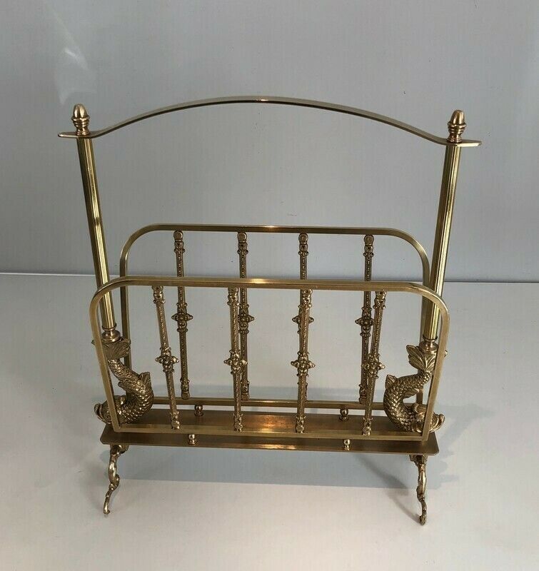 Maison Jansen. Neoclassical Style Brass Magazine Rack With Dolphin Heads. French. Circa 1940 photo furniture