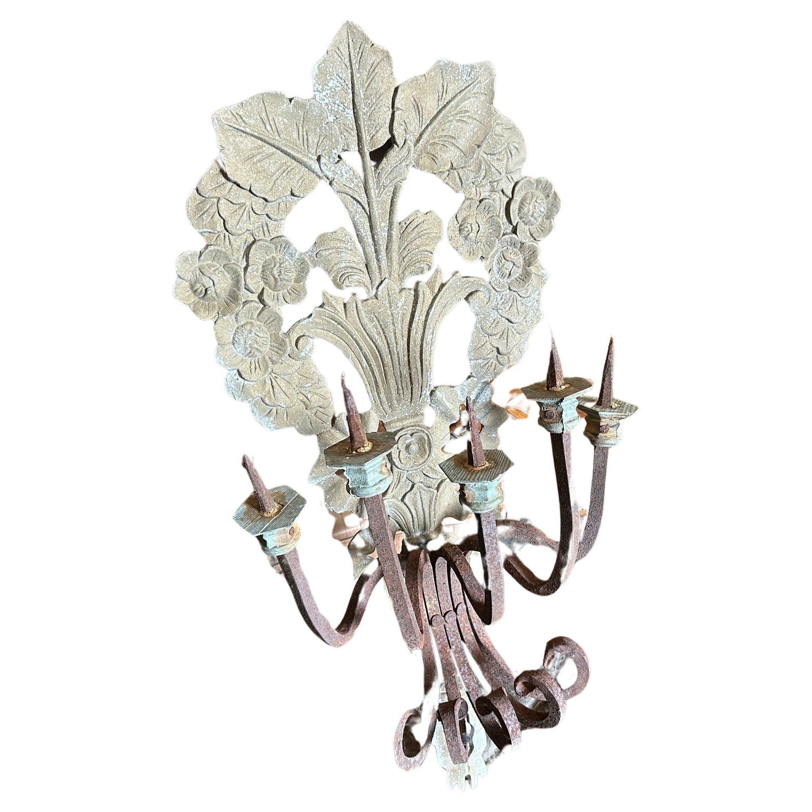 1900 Art Nouveau Iron And Wood Italian Chandelier Wall Sconce