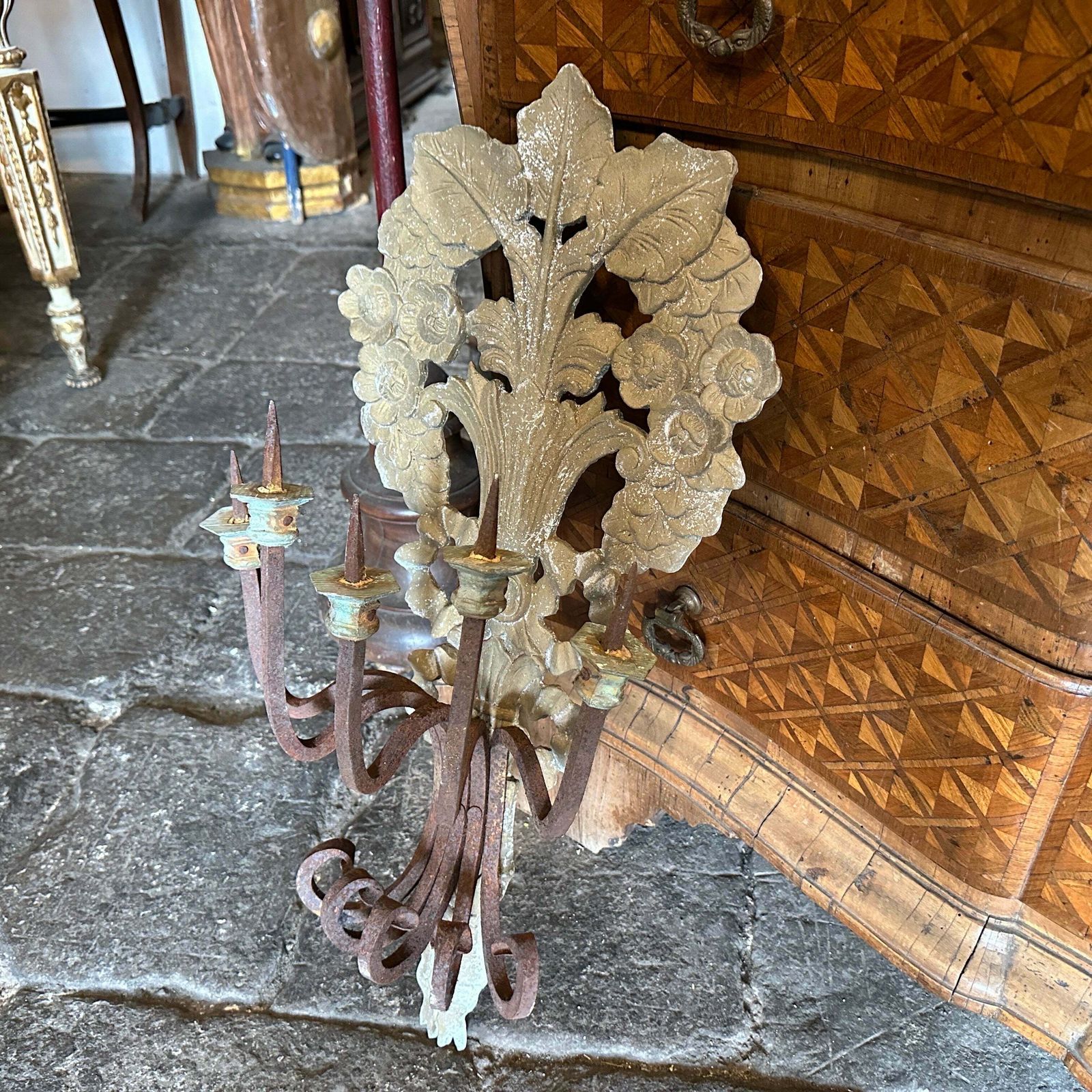 1900 Art Nouveau Iron And Wood Italian Chandelier Wall Sconce photo furniture