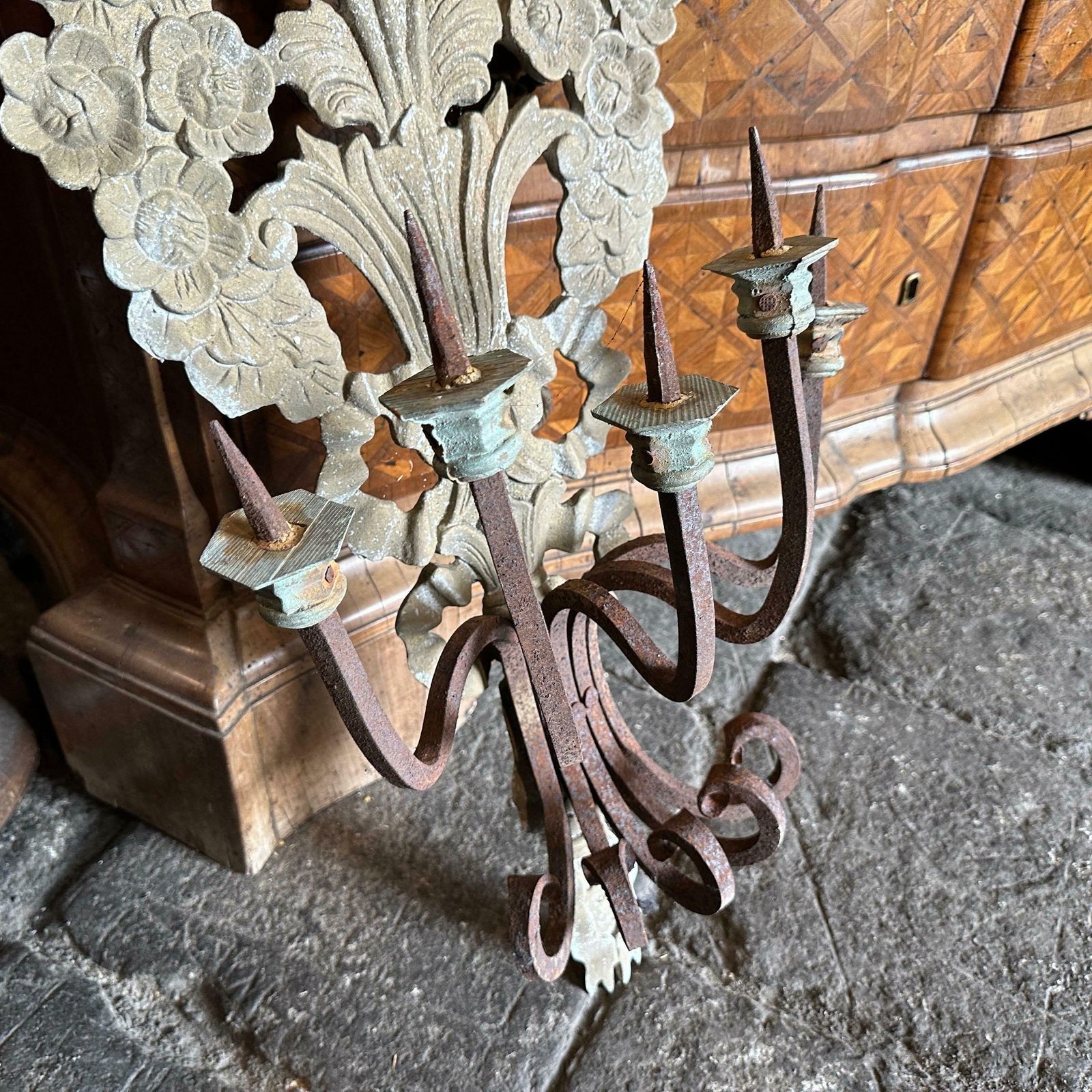 1900 Art Nouveau Iron And Wood Italian Chandelier Wall Sconce photo vintage