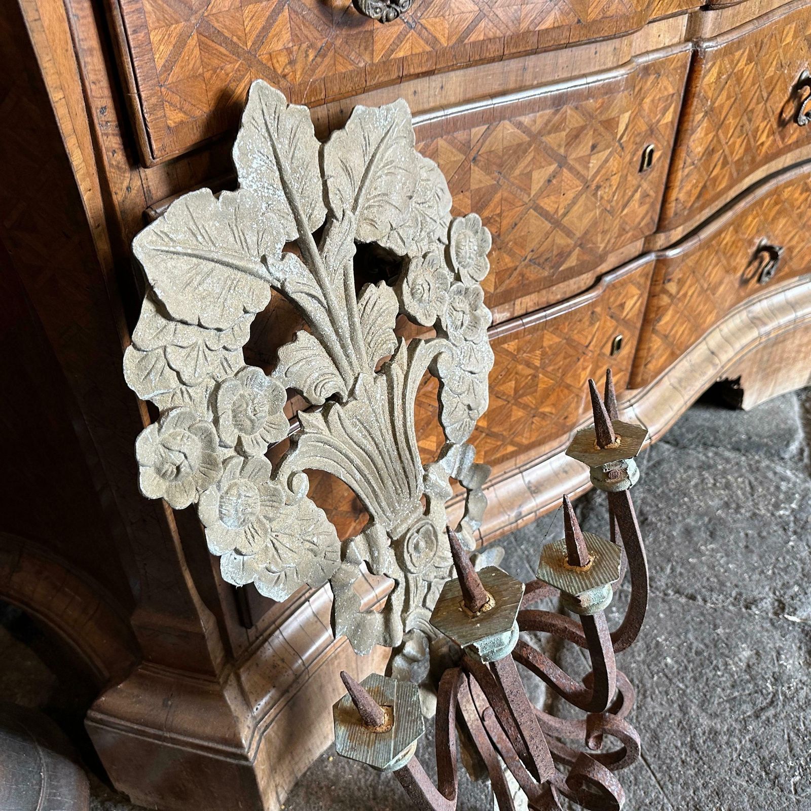 photo furniture 1900 Art Nouveau Iron And Wood Italian Chandelier Wall Sconce