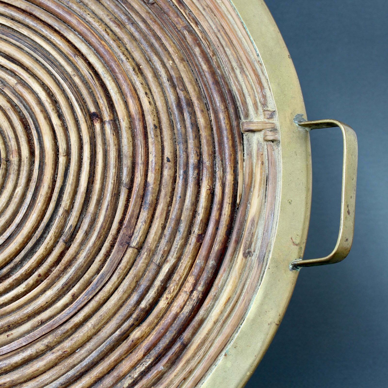 photo vintage Rattan Tray With Brass Trim In The Style Of Gabriella Crespi (Circa 1970s)