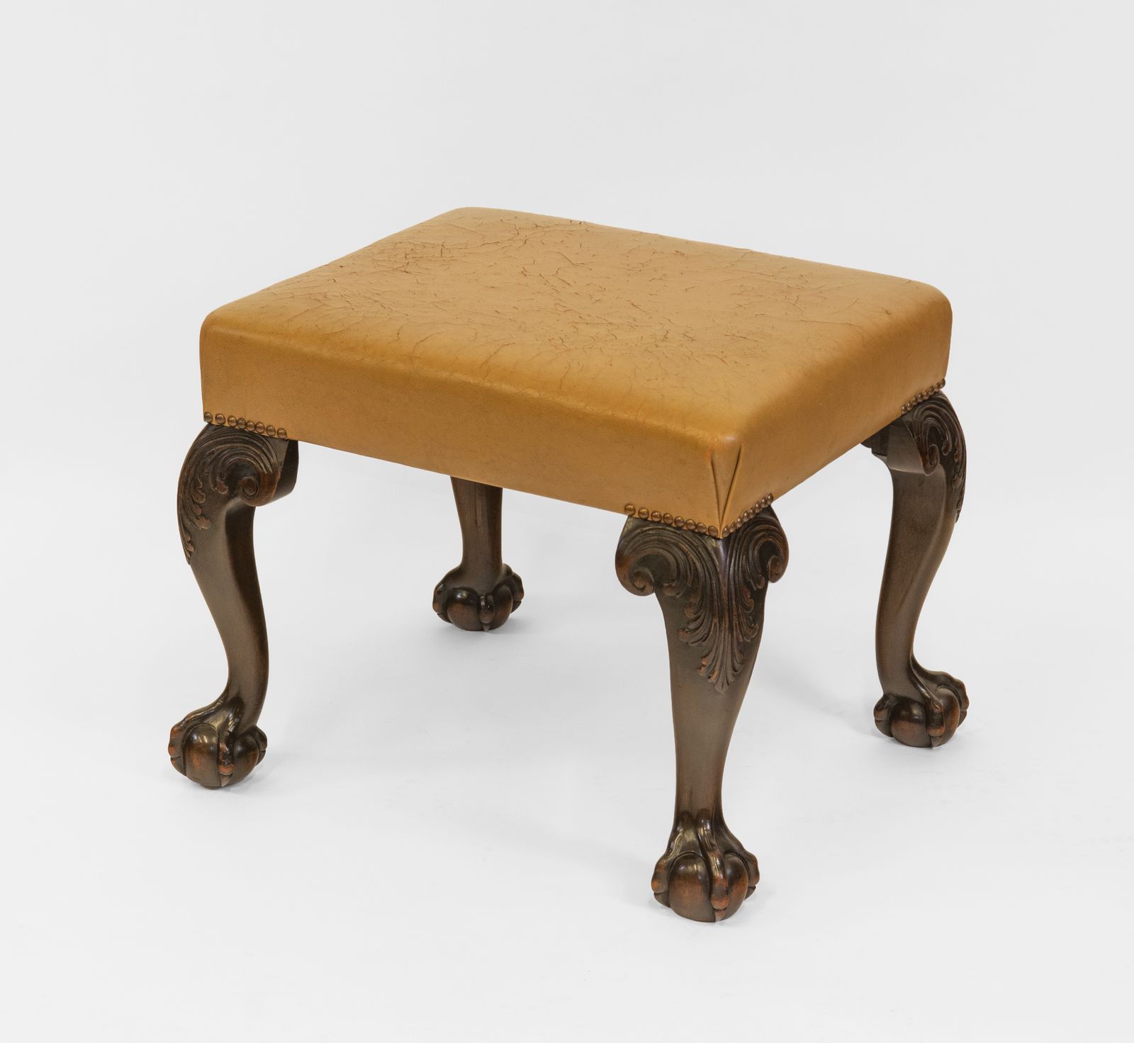 Antique Edwardian Mahogany & Leather Stool Seat On Claw & Ball Legs