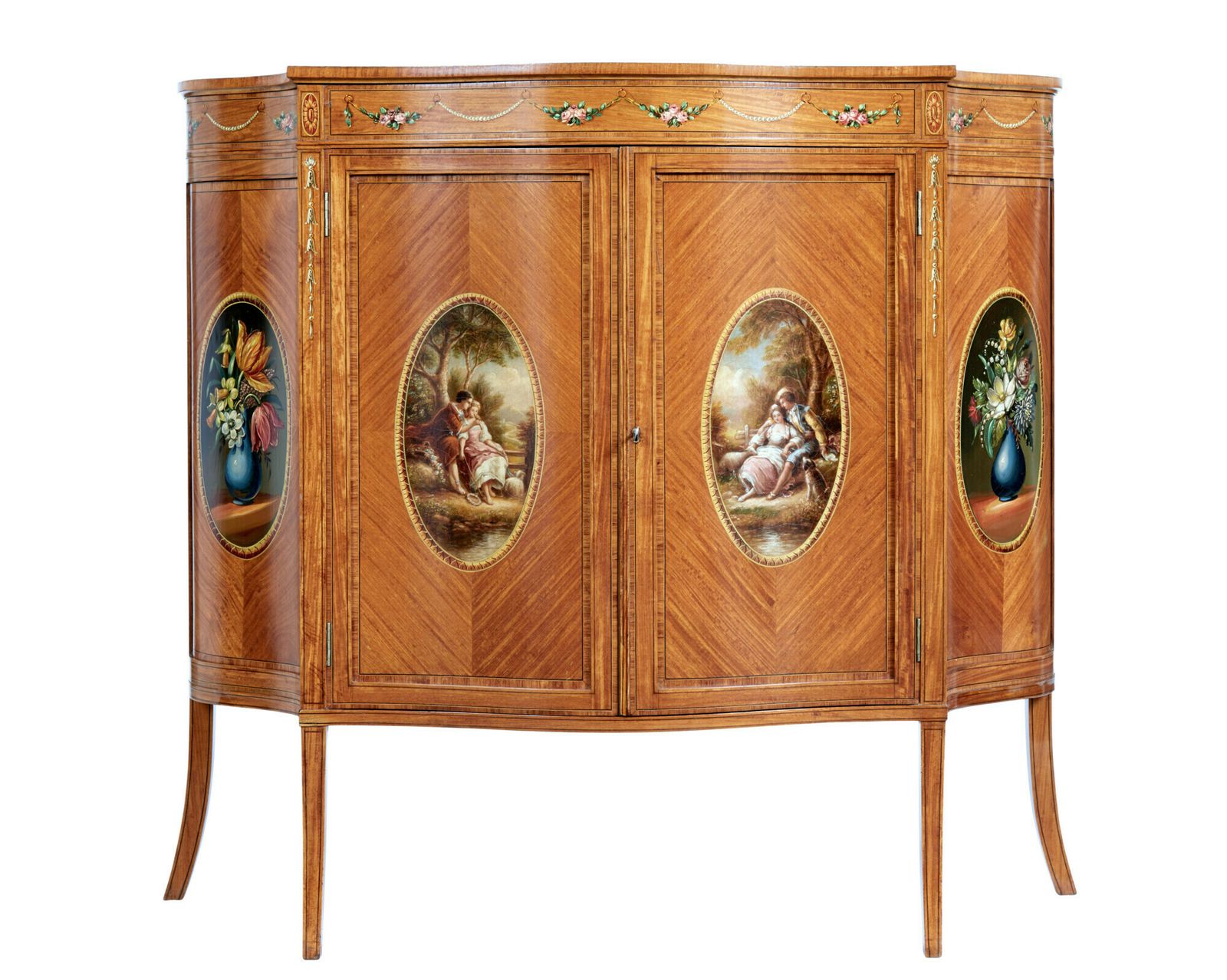19th Century Sheraton Revival Satinwood Inlaid And Painted Cabinet