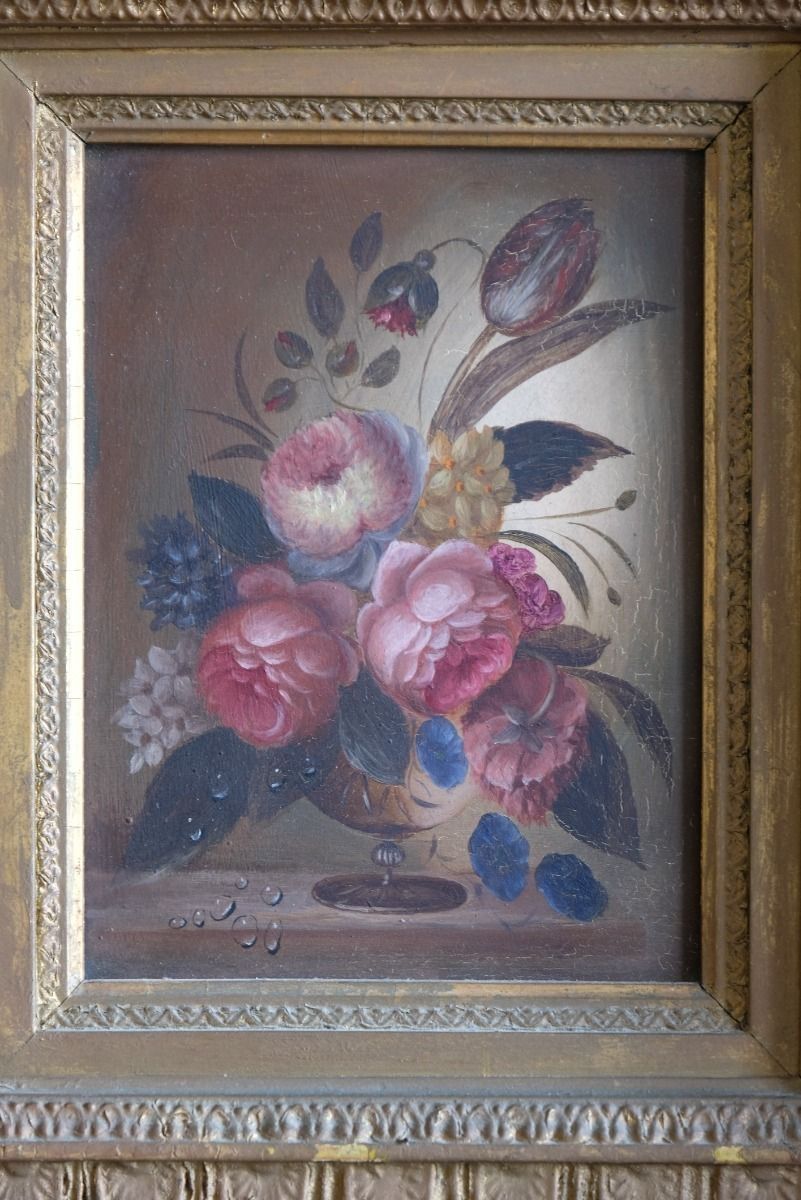 English School Oil On Board Still Life Of Garden Flowers photo vinterior