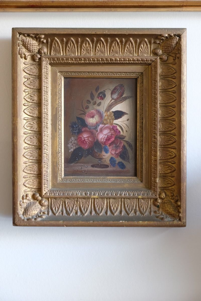 Art English School Oil On Board Still Life Of Garden Flowers photo