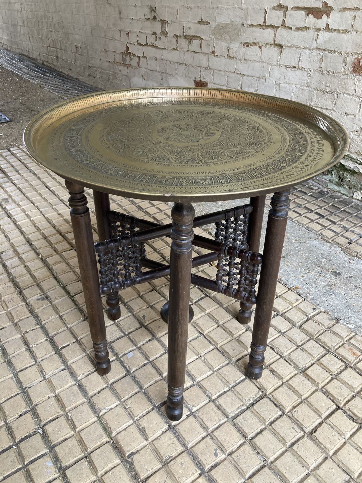 19thc Middle Eastern Carved And Turned Occasional Table With Brass Worked Top