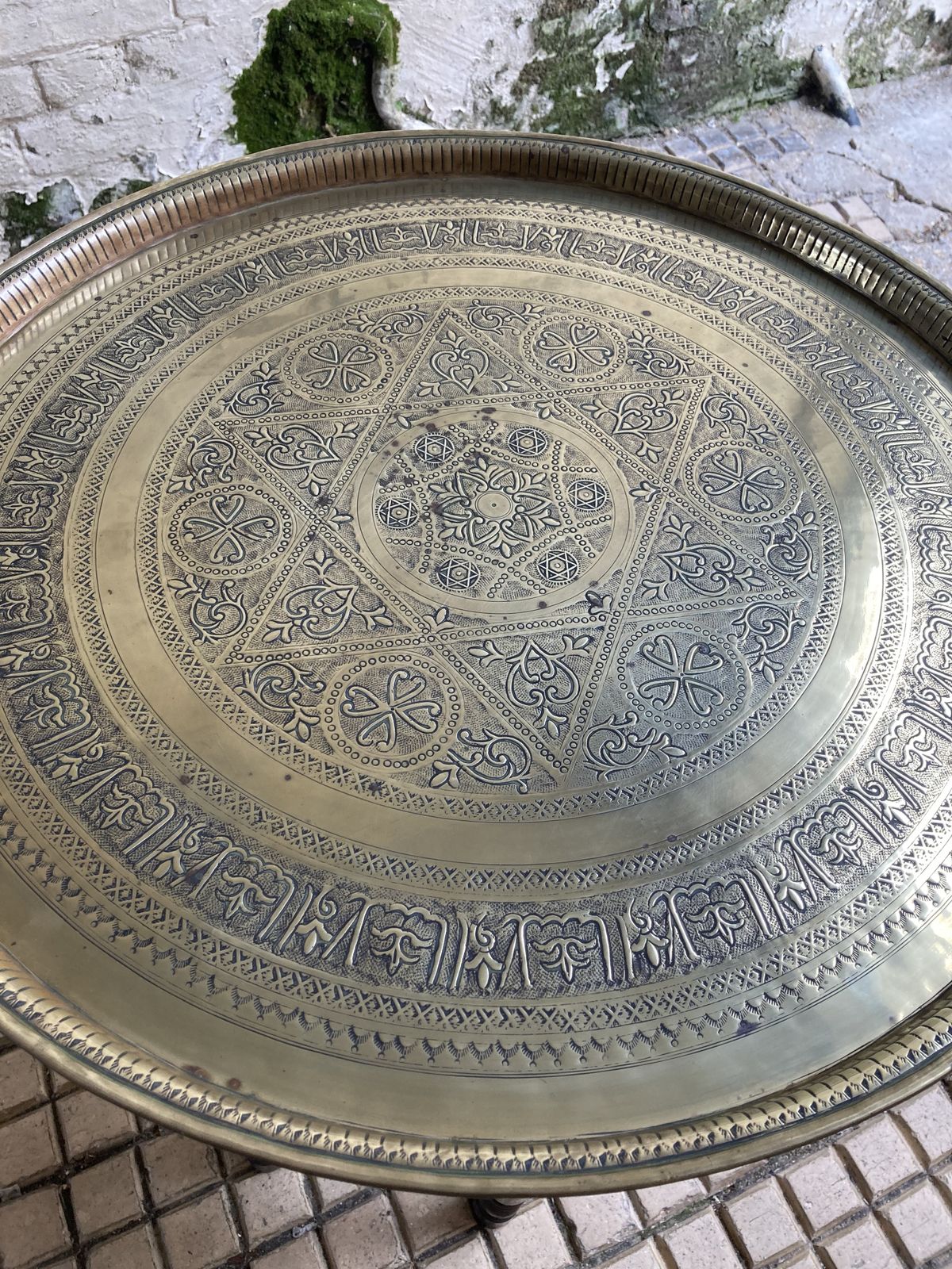 19thc Middle Eastern Carved And Turned Occasional Table With Brass Worked Top photo for sale