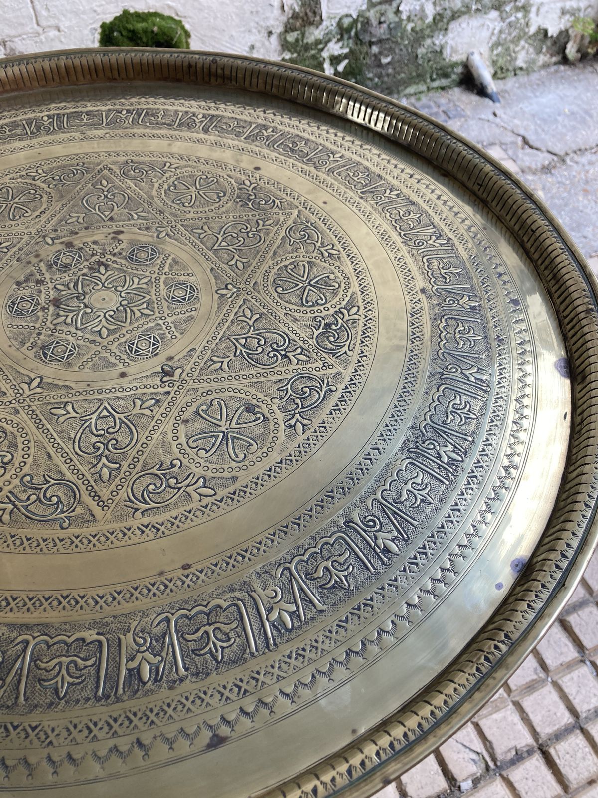 19thc Middle Eastern Carved And Turned Occasional Table With Brass Worked Top photo Furniture
