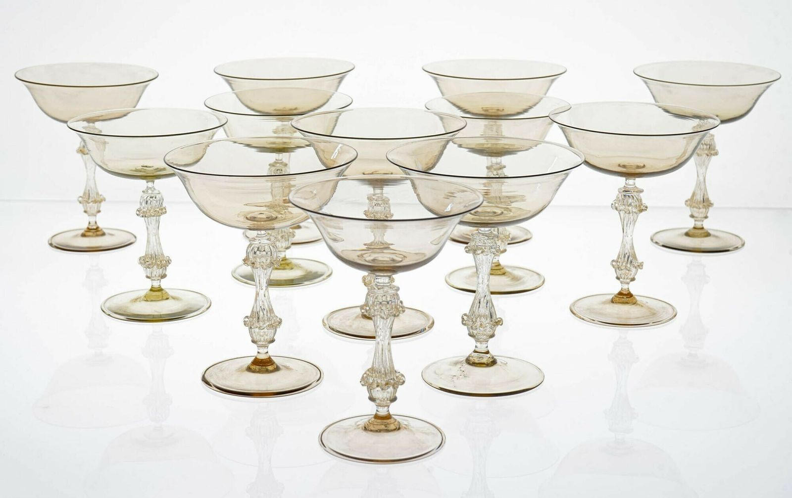 Rare Set Of 12 Classic Cenedese Fume And Gold Champagne Glass . Unique