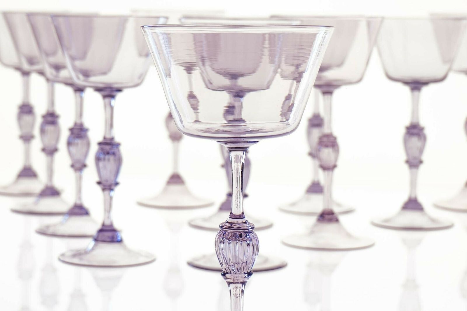 photo for sale Twelve Cenedese Wine Glass Set, Cyclamen Colour. Murano Glass. Masterpieces