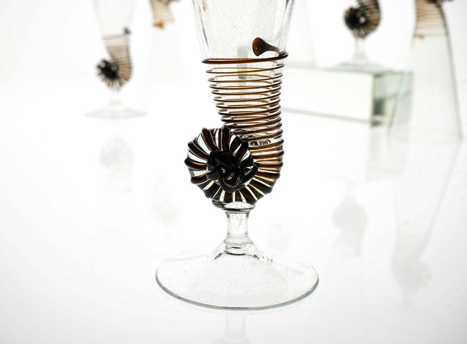 Six Cenedese Nautilus Flutes Set, Brown Accent And Pulegoso Murano Glass Signed photo for sale
