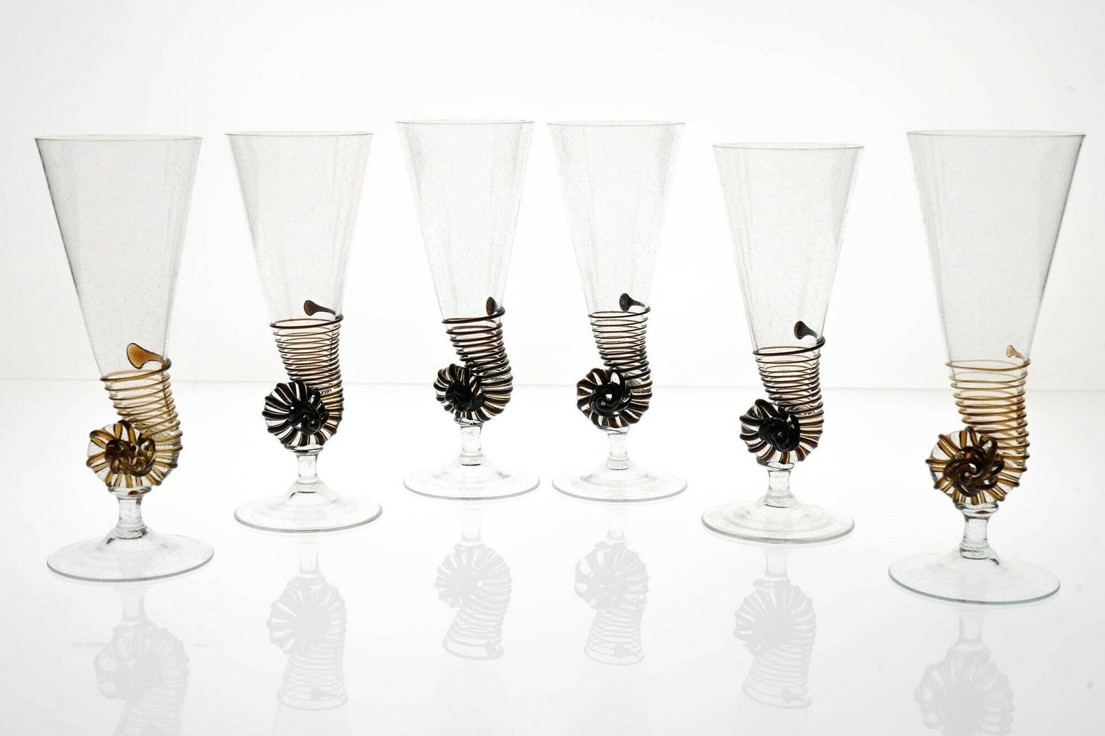 Six Cenedese Nautilus Flutes Set, Brown Accent And Pulegoso Murano Glass Signed photo Home Decor
