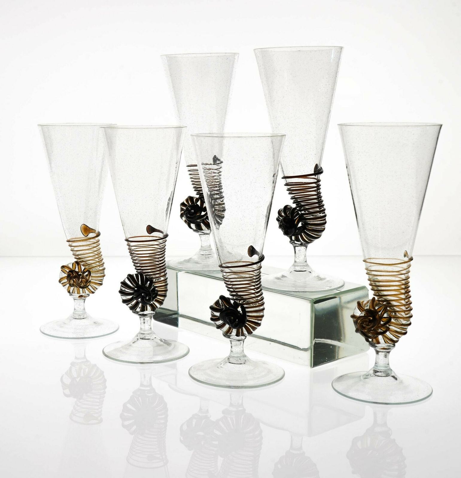 Six Cenedese Nautilus Flutes Set, Brown Accent And Pulegoso Murano Glass Signed photo 1800.0