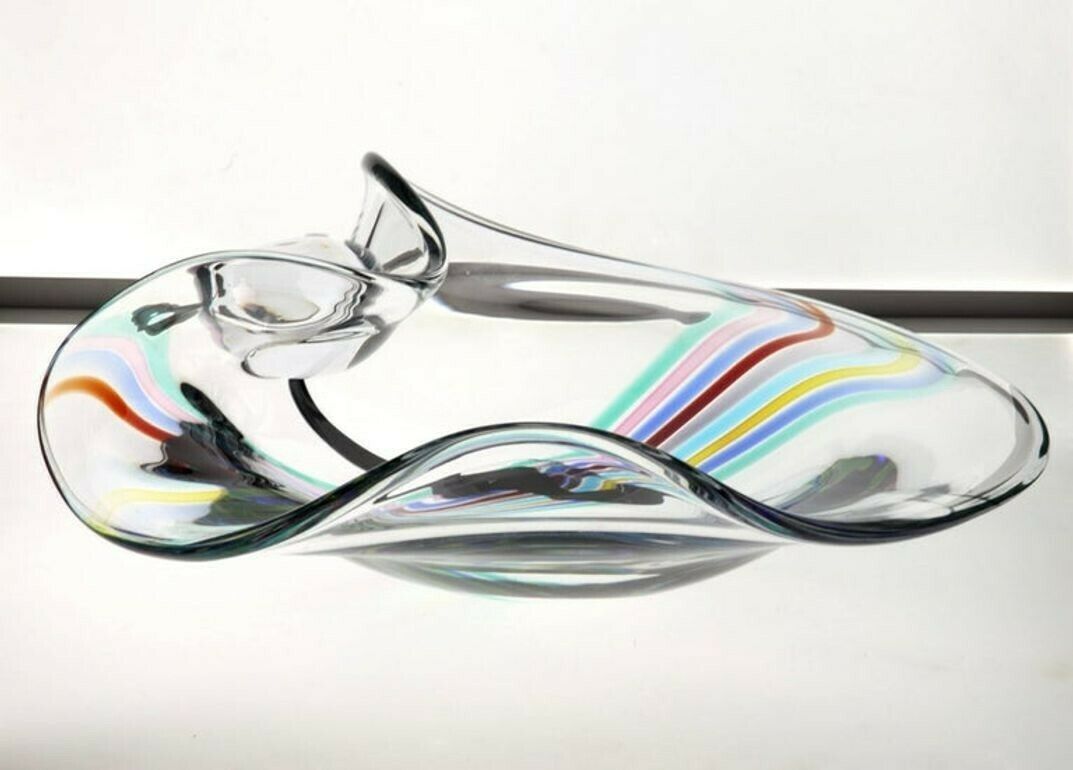 Livio Seguso, Heavy Murano Glass Bowl, Rainbow Design And Glass Orb, 80s Signed photo Home Decor