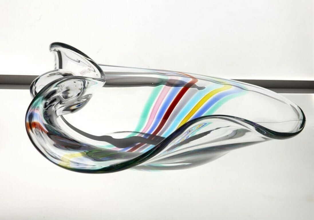 Livio Seguso, Heavy Murano Glass Bowl, Rainbow Design And Glass Orb, 80s Signed photo vinterior
