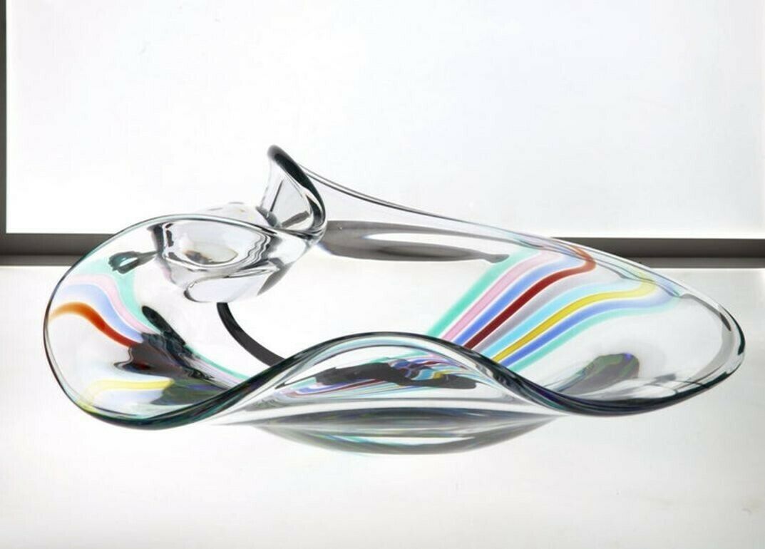 photo furniture Livio Seguso, Heavy Murano Glass Bowl, Rainbow Design And Glass Orb, 80s Signed