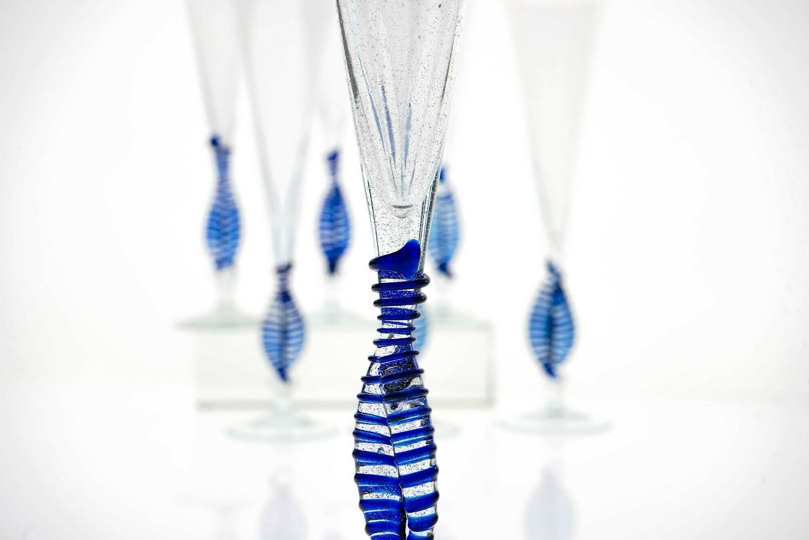 Set 7 Cenedese Ballerina Flutes, Cobalt Bead And Pulegoso Murano Glass, Signed photo buy