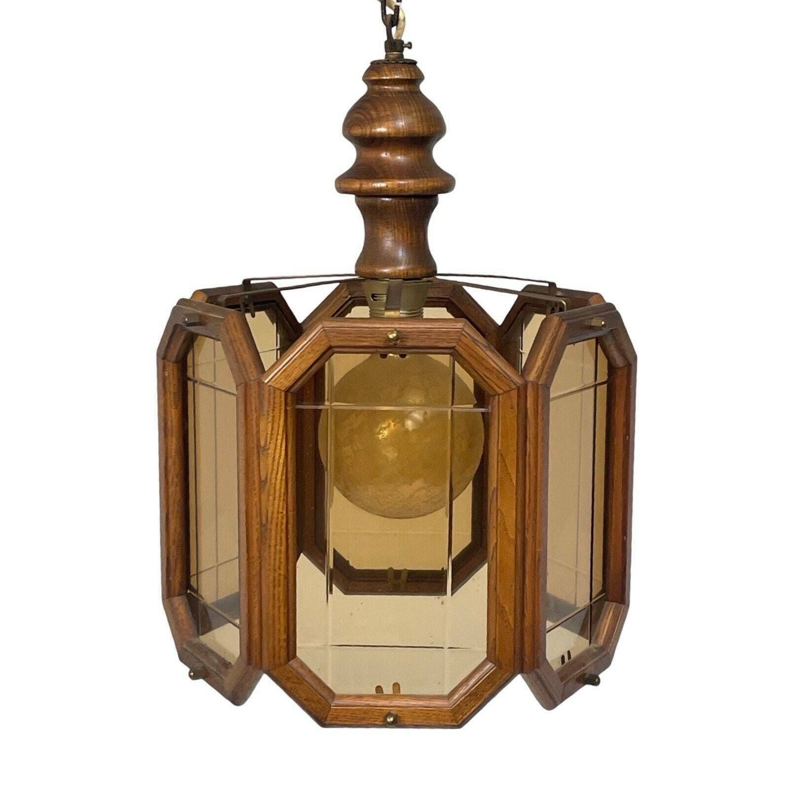 Ca. 1960's Ceiling Fixture   Dutch Made   With Oak Wood And Smoked Glass Panels photo buy