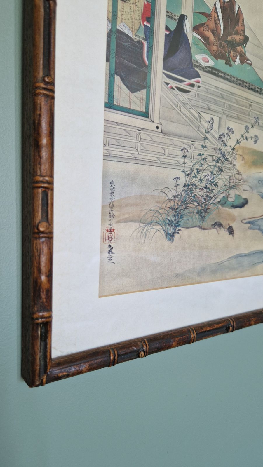A Pair Of Vintage Chinese Prints In Faux Bamboo Frames photo for sale