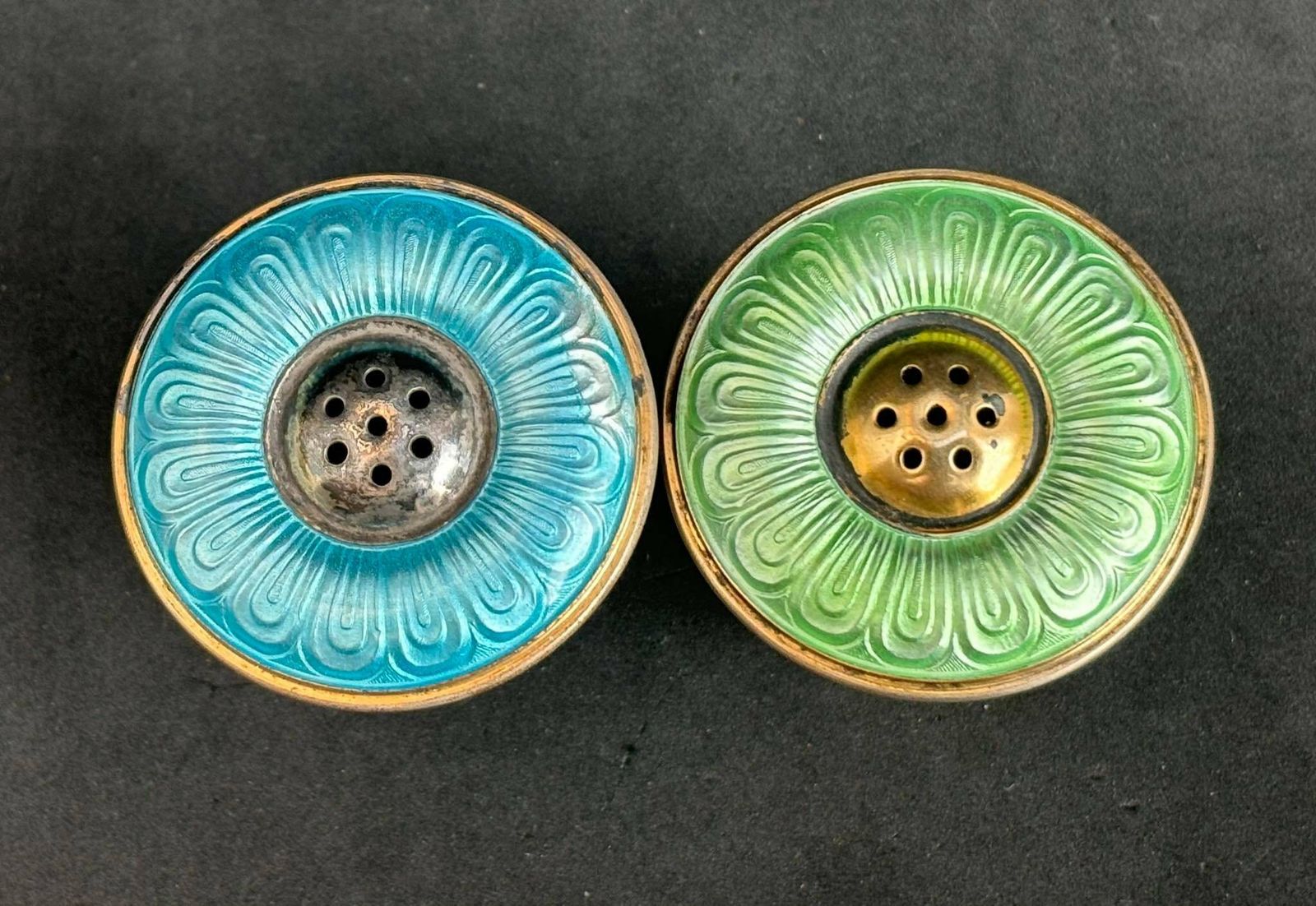Salt And Pepper Shakers Silver And Enamel Mushroom Shaped Aksel Holmsen Norway Art Deco Wedding Gift Hostess Gift Scandinavian Design photo for sale