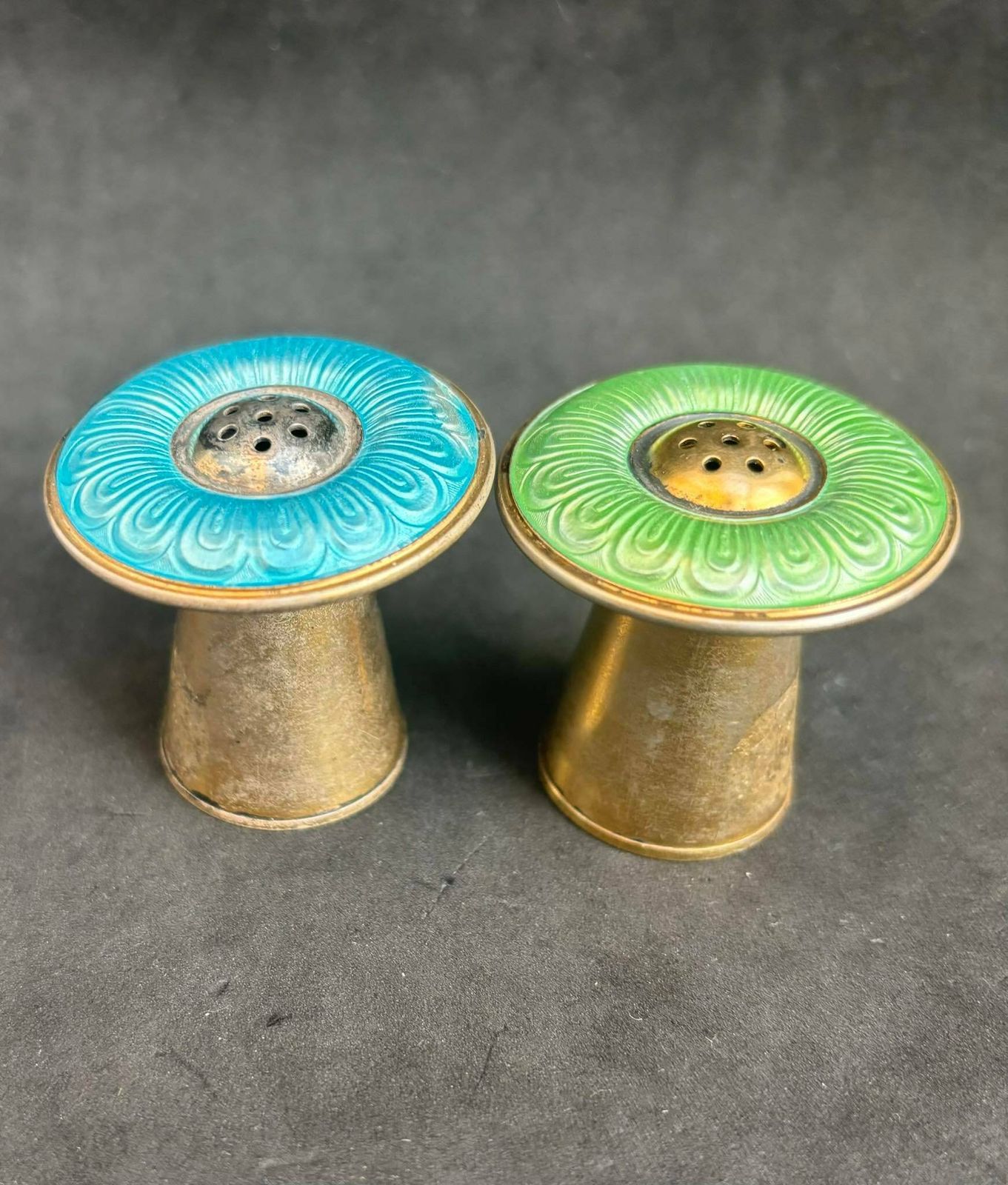 Salt And Pepper Shakers Silver And Enamel Mushroom Shaped Aksel Holmsen Norway Art Deco Wedding Gift Hostess Gift Scandinavian Design photo Home Decor