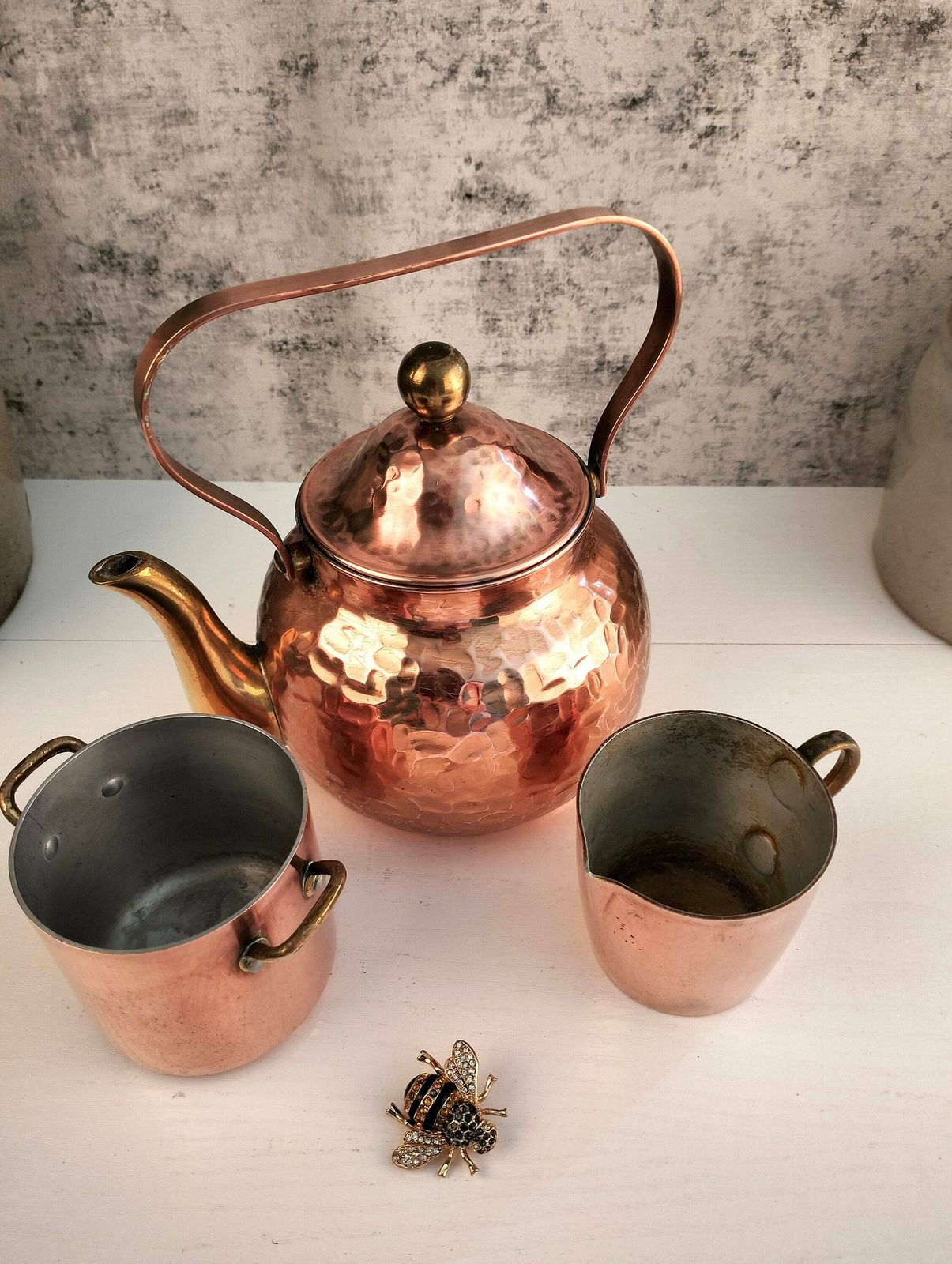 Vintage Copper Tea Set   Copper Teapot   Vintage Copper Kettle   Small French Copper Set photo furniture