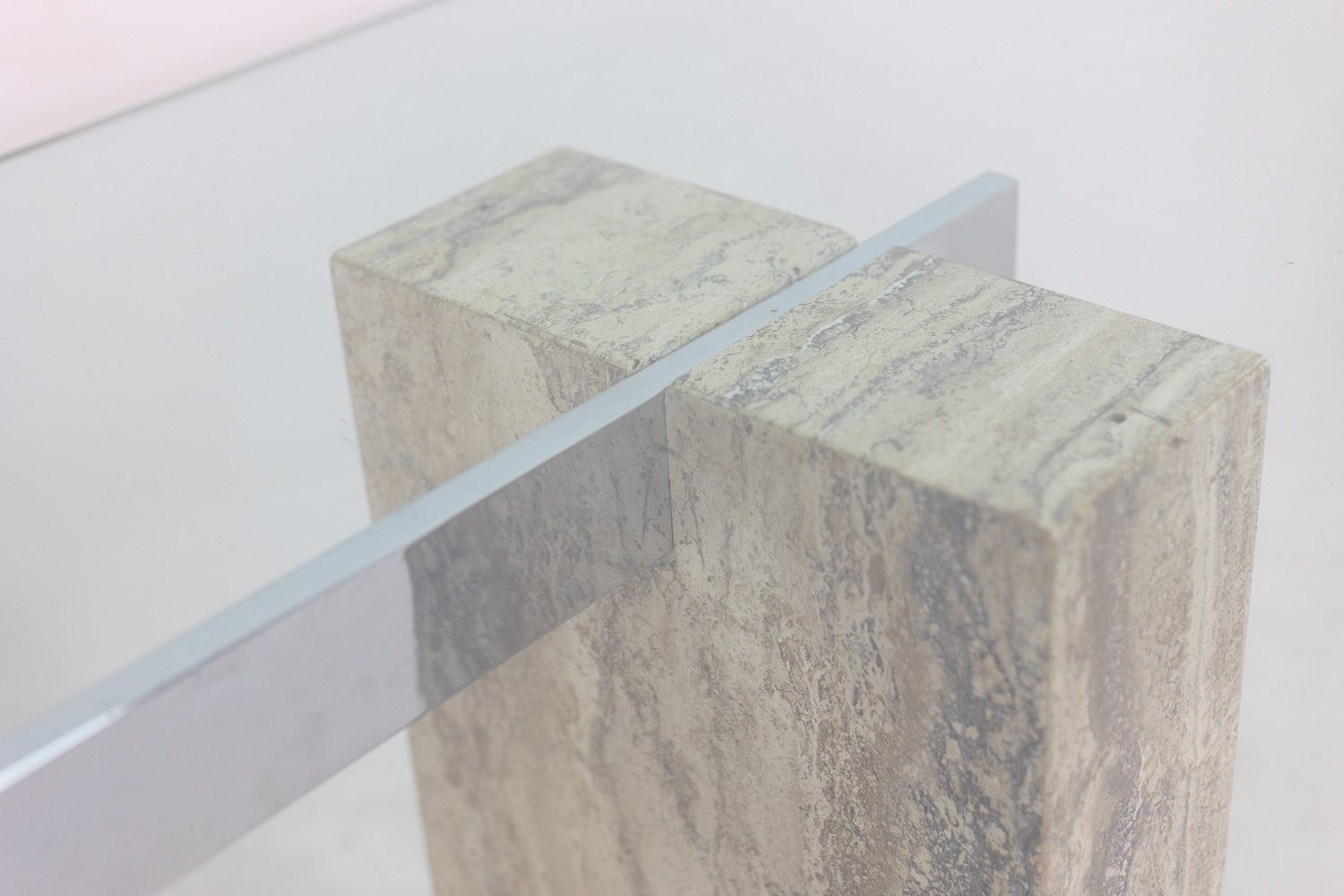 photo for sale Console, Or Desk, In Glass And Travertine. 1980s. Ls5849657c