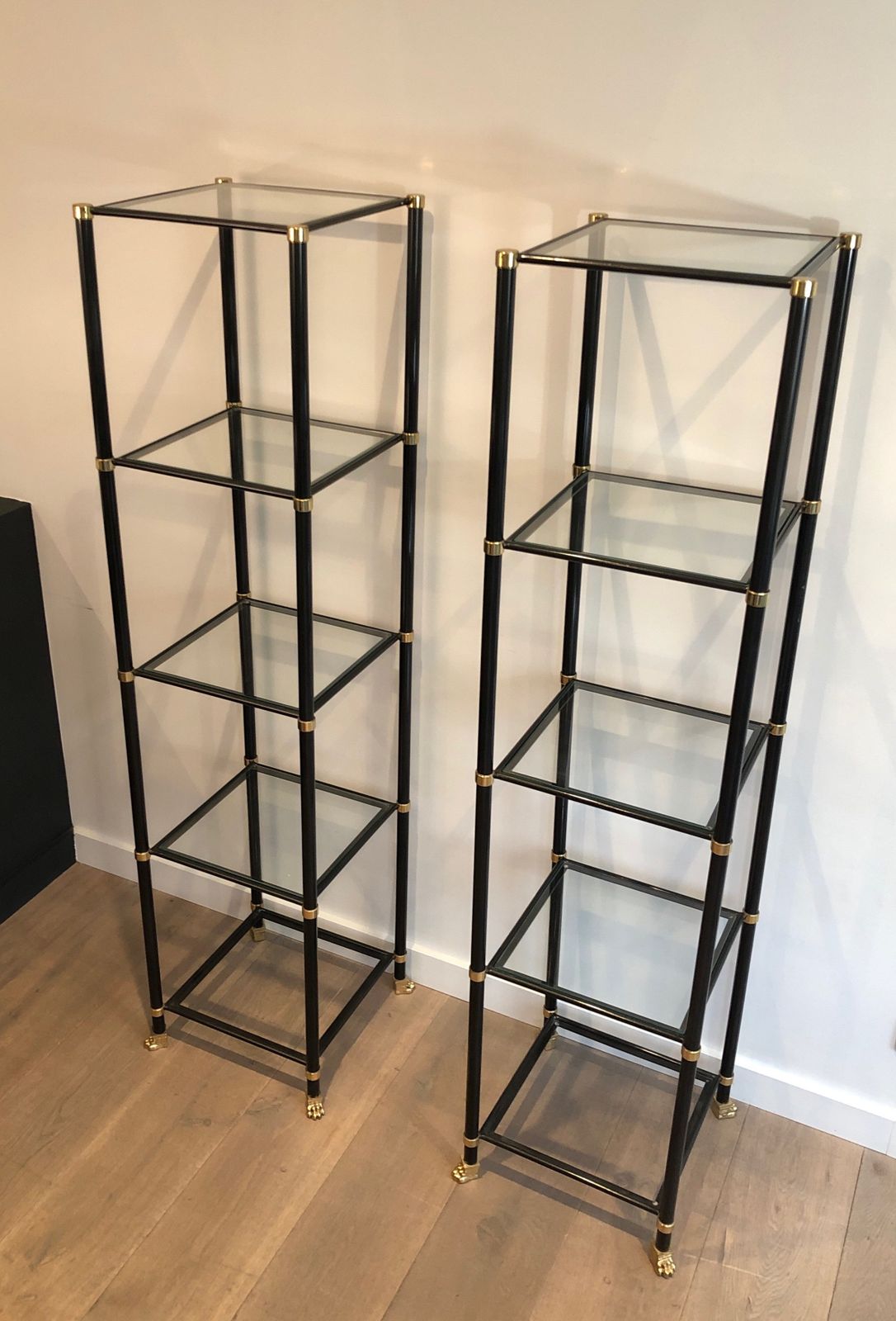 photo for sale Pair Of Shelves In Black Lacquered Metal And Brass. Guy Lefèvre For Maison Jansen. Around 1970