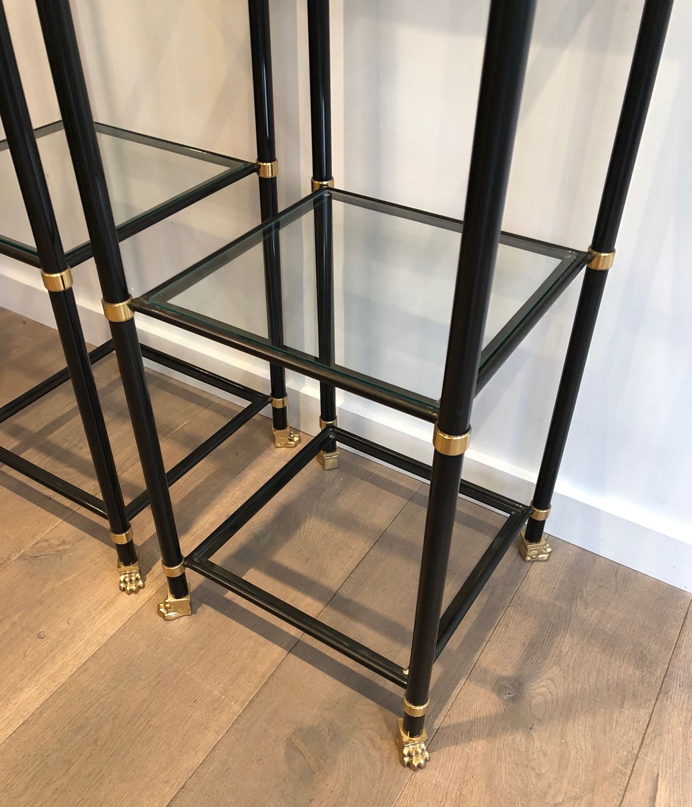 4850.0 Pair Of Shelves In Black Lacquered Metal And Brass. Guy Lefèvre For Maison Jansen. Around 1970 photo