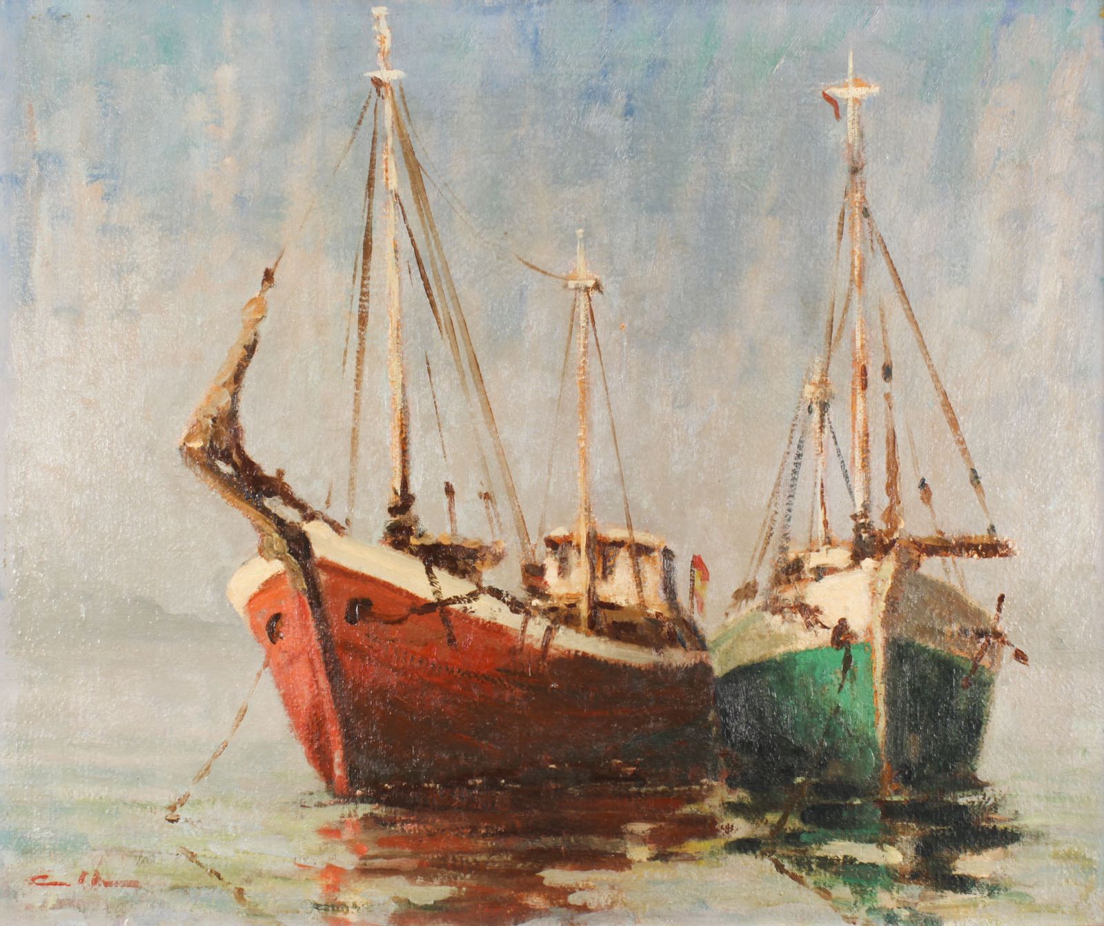 Vintage Oil Painting Of  Fishing Boats By Harold Edward Collin (1936 1973) photo furniture