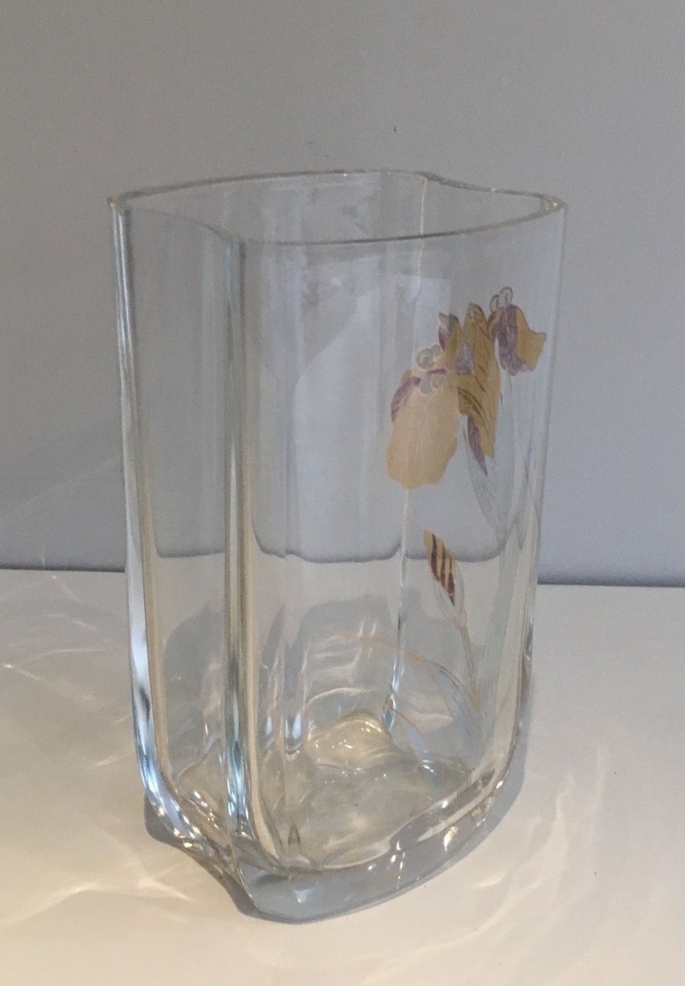 Glass Vase Decorated With Golden Flowers. Around 1970 photo Home Decor