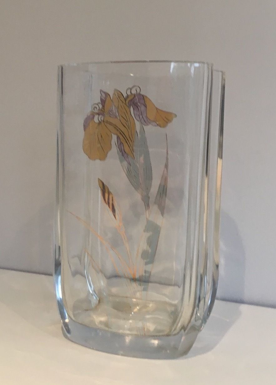 Glass Vase Decorated With Golden Flowers. Around 1970 photo 280.0