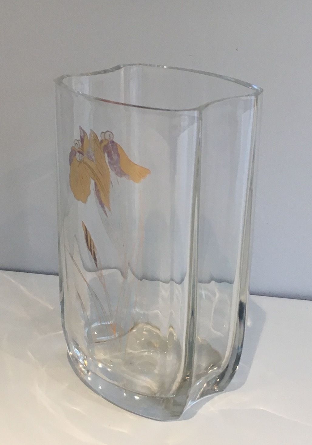 Glass Vase Decorated With Golden Flowers. Around 1970 photo vintage