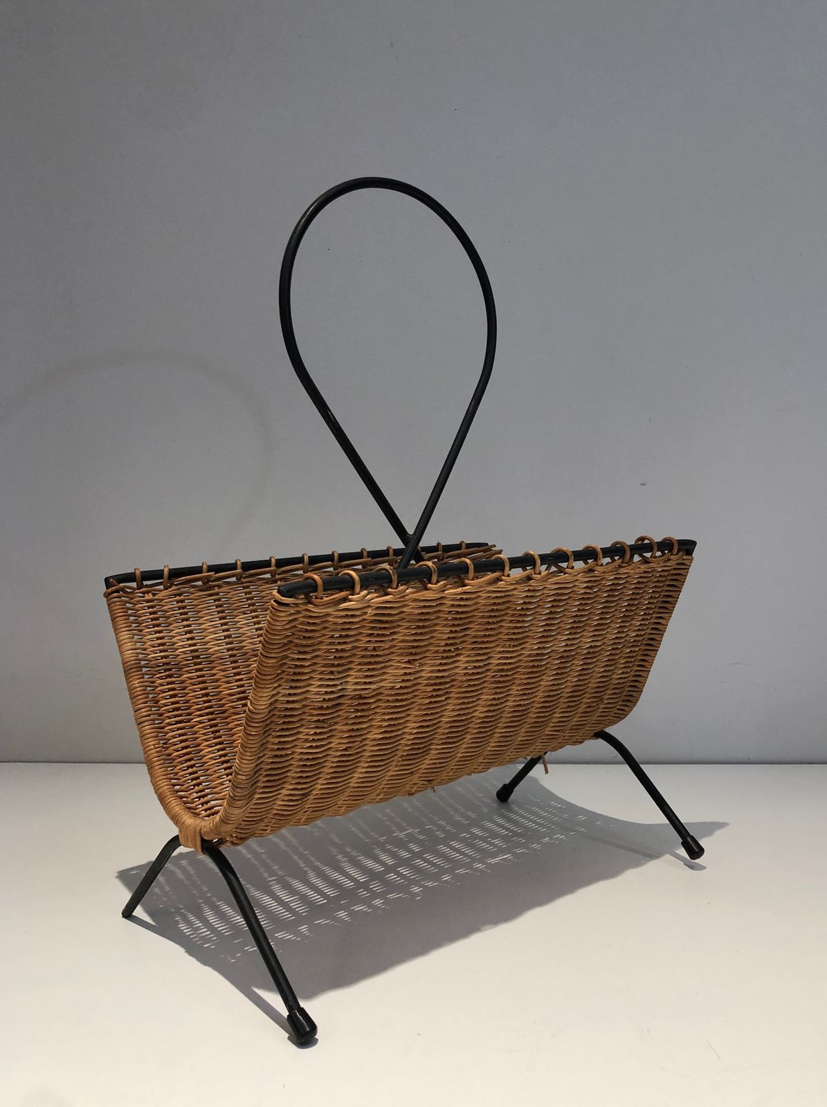 Rattan And Black Lacquered Metal Magazine Rack