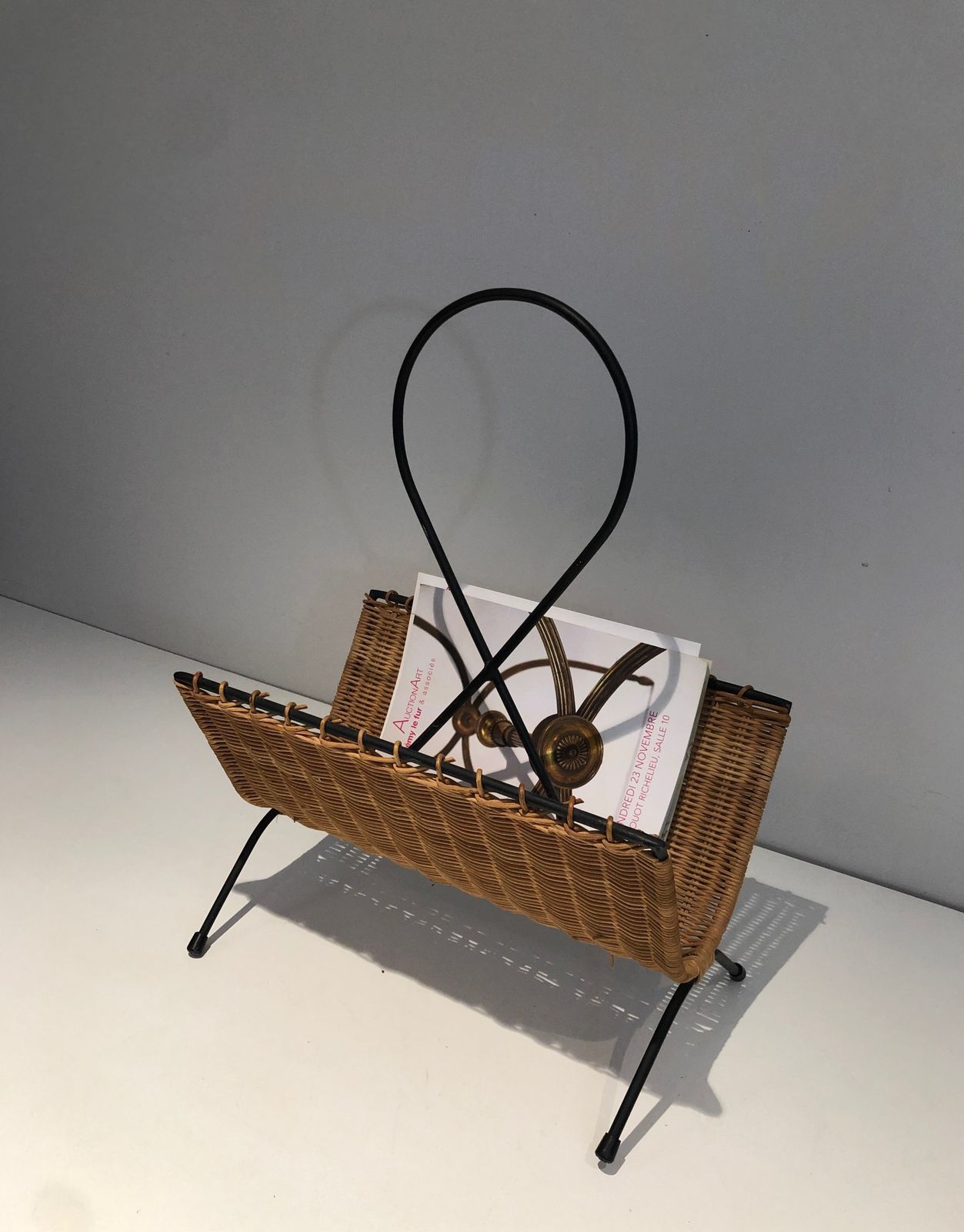 Rattan And Black Lacquered Metal Magazine Rack photo buy