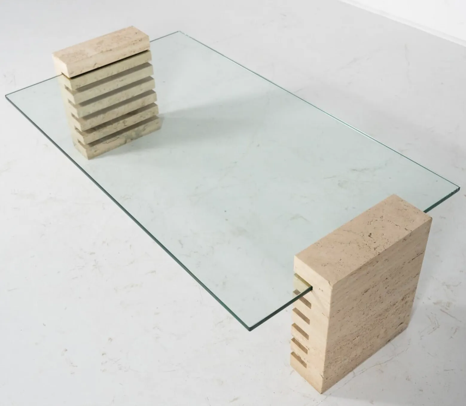 photo furniture Mid Century Modern Coffee Table, Glass And Travertine, Italy, 1970s