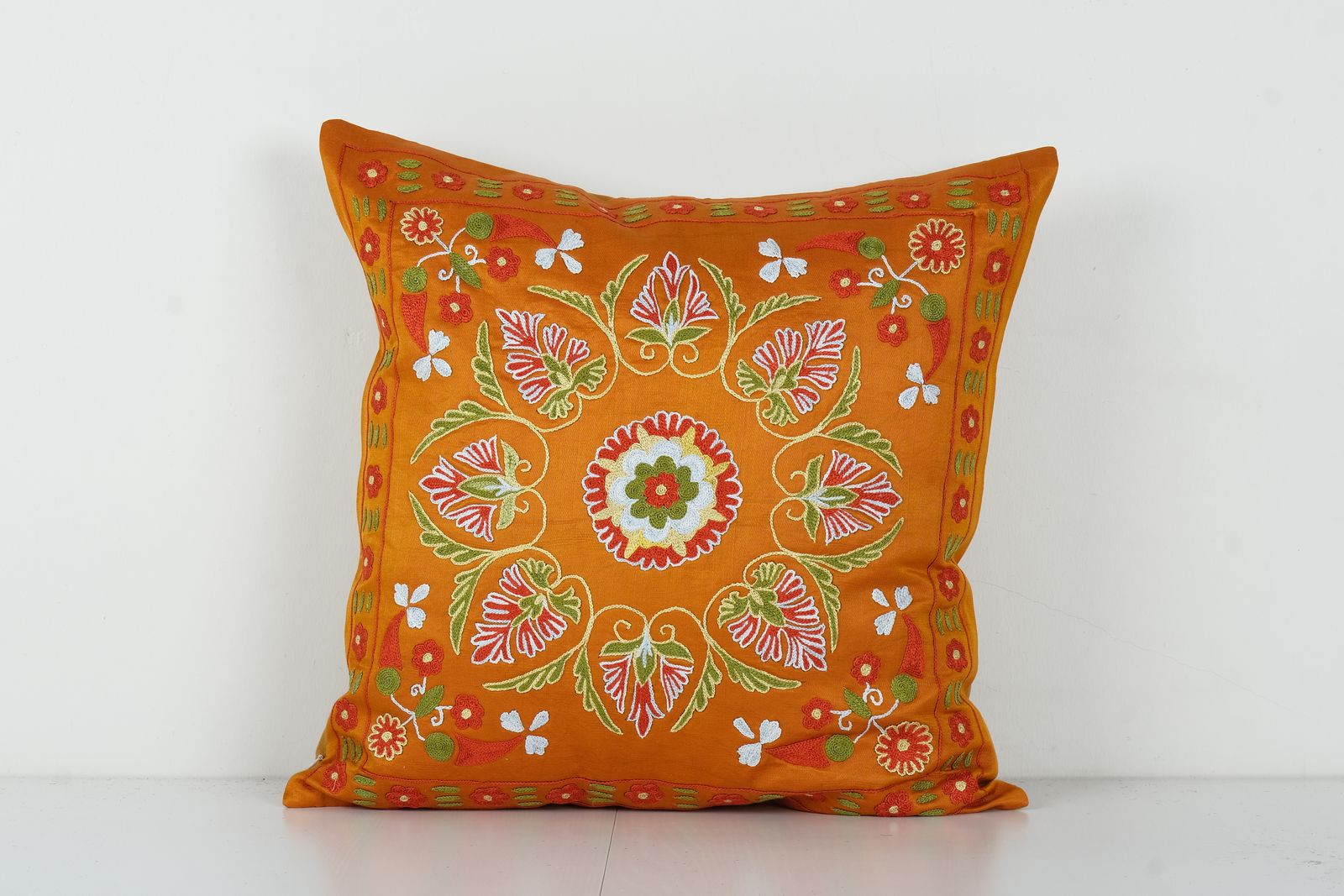 Uzbek Papaya Orange Suzani Cushion Cover, Suzani Pillow Case Made From A 19th Century Suzani, Uzbekistan, Square Pillow Case