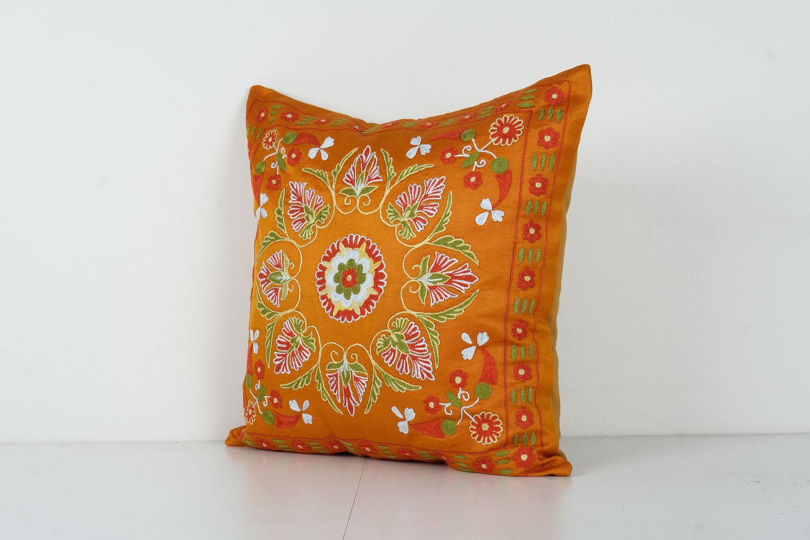 Uzbek Papaya Orange Suzani Cushion Cover, Suzani Pillow Case Made From A 19th Century Suzani, Uzbekistan, Square Pillow Case photo Textiles