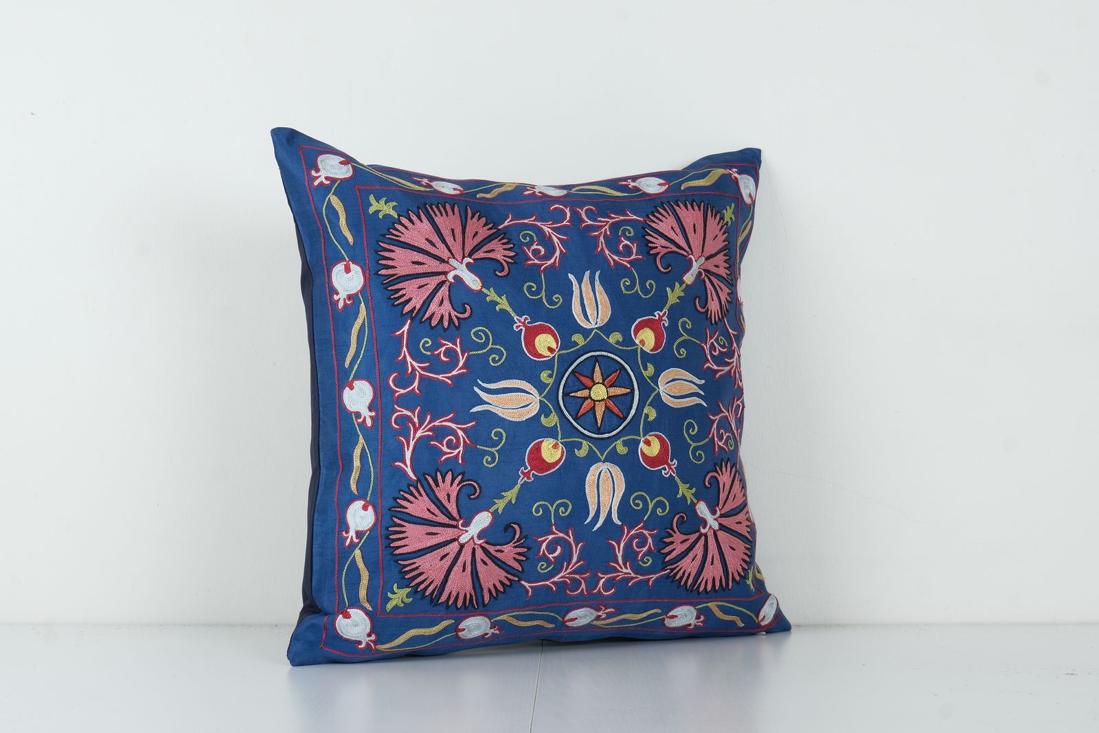 Embroidery Suzani Royal Blue Silk On Silk Pillow Fashioned From A Mid 20th Century Samarkand Suzani, Ethnic Boho Cushion Cover photo furniture