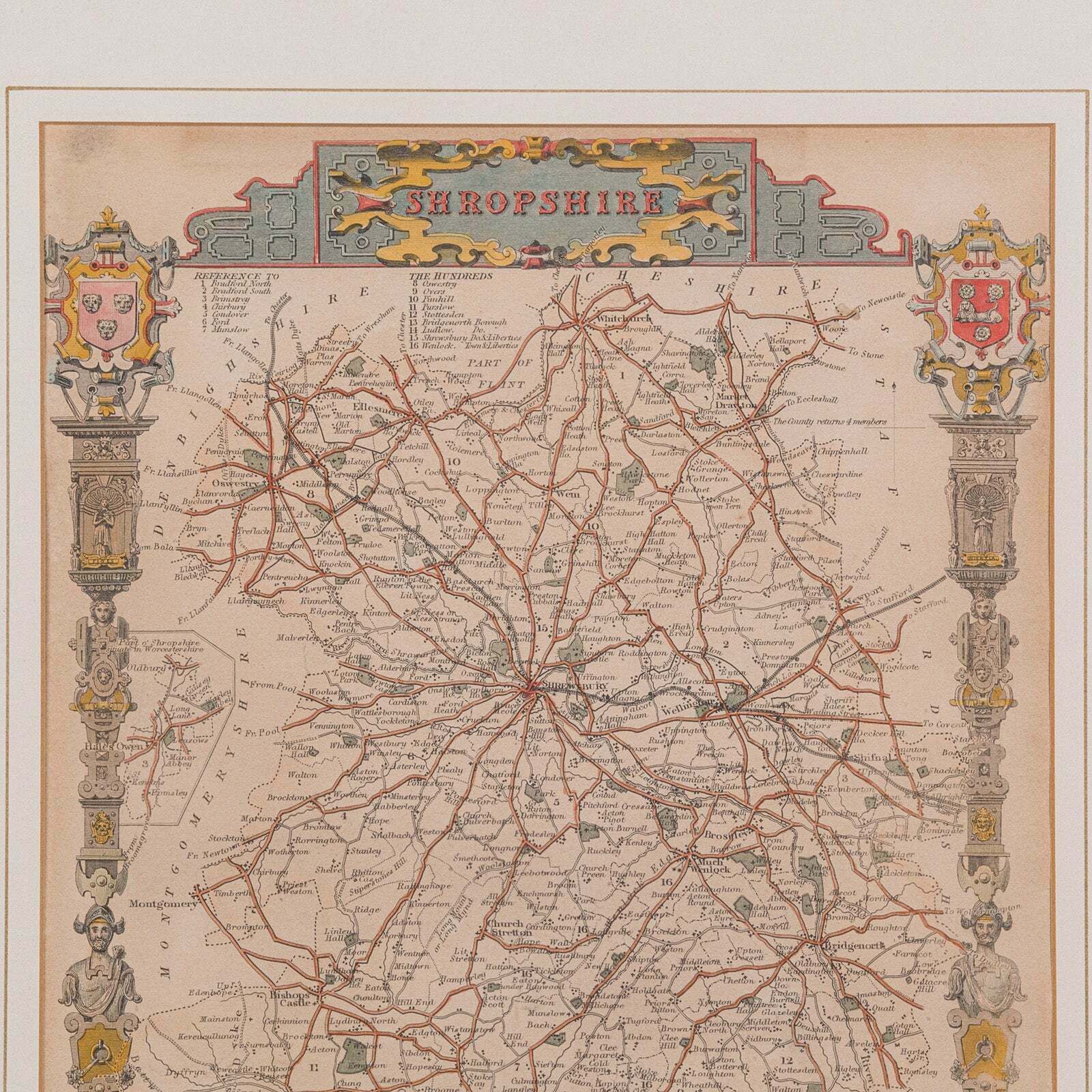 Antique Lithography Map Shropshire English Framed Cartography Victorian photo 295.0