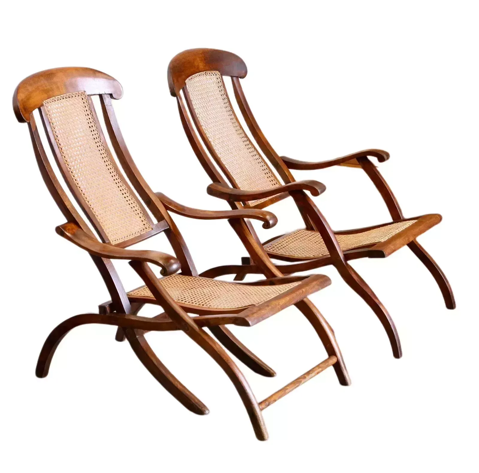 Pair Fine Early Victorian Walnut And Cane Folding Travel Steamer Chairs