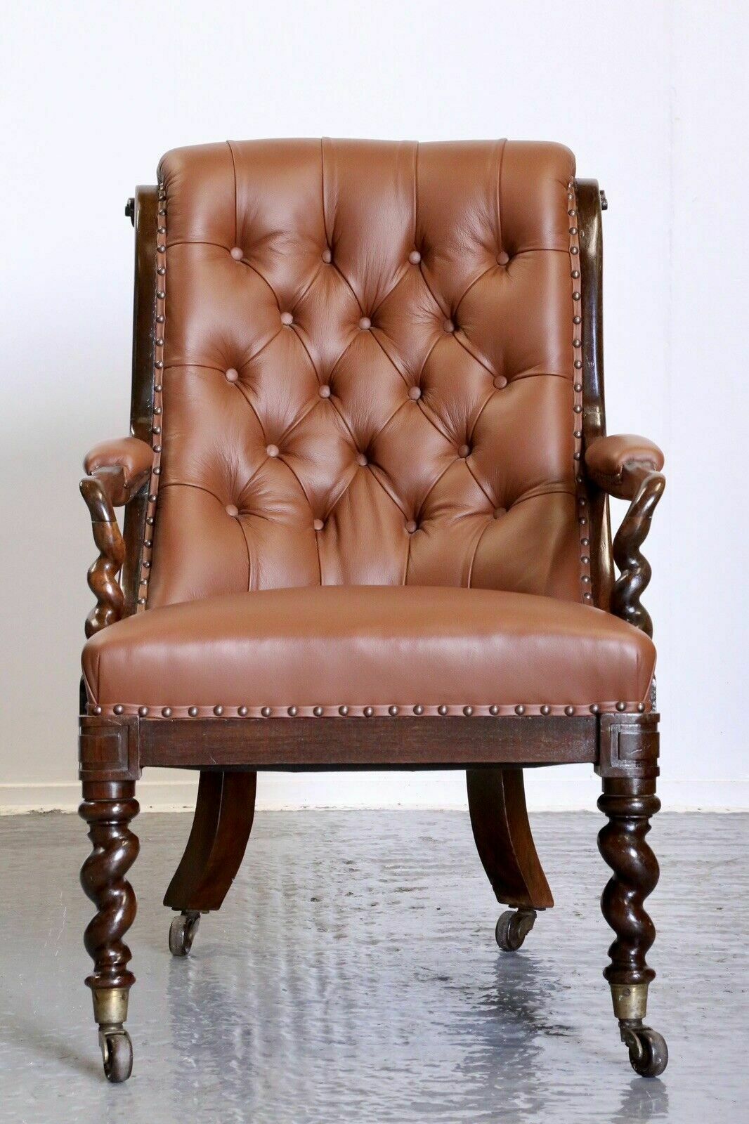 photo furniture Fine Antique William IV Rosewood Barley Twist Tan Button Stud Leather Armchair