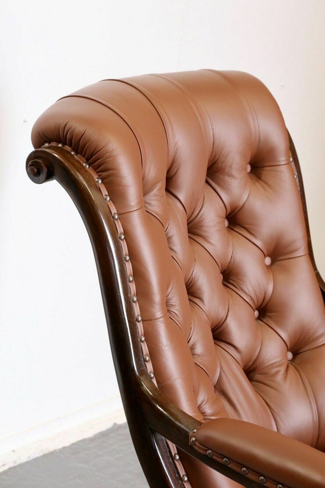photo for sale Fine Antique William IV Rosewood Barley Twist Tan Button Stud Leather Armchair