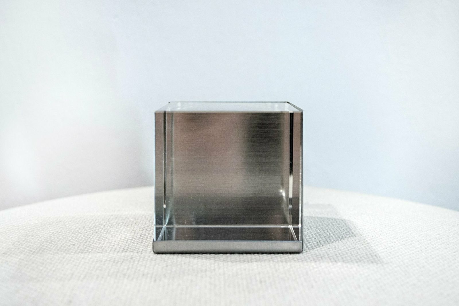 Glass And Stainless Steel Cubic Paperweight Frame By Bob Cornell, 1970s photo for sale